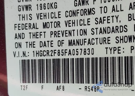 2015 Honda Accord Ex-L z USA, uszkodzony, nr VIN 1HGCR2F85FA057830